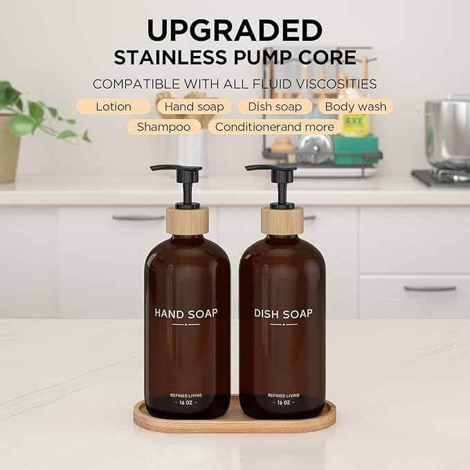 Hand and Dish Soap Dispenser Set,16oz Glass Bottles with Printed Labels, Bamboo Tray & Pump,Countertop Soap Dispensers for Kitchen,Luxury, Minimalist & Farmhouse Decor (Hand Dish (Amber))