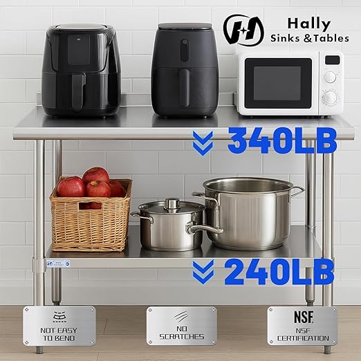 Hally Stainless Steel Table for Prep & Work 14 x 36 Inches, NSF Commercial Heavy Duty Table with Undershelf and Backsplash for Restaurant, Home and Hotel