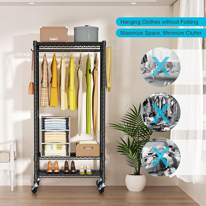 P3 Mini Rolling Clothes Rack, Clothing Racks for Hanging Clothes, Heavy Duty Garment Rack with Wheels, Freestanding Portable Closet Rack 23.6'' W x 14'' D x 78.5'' H, Max Load 430 Lbs, Black