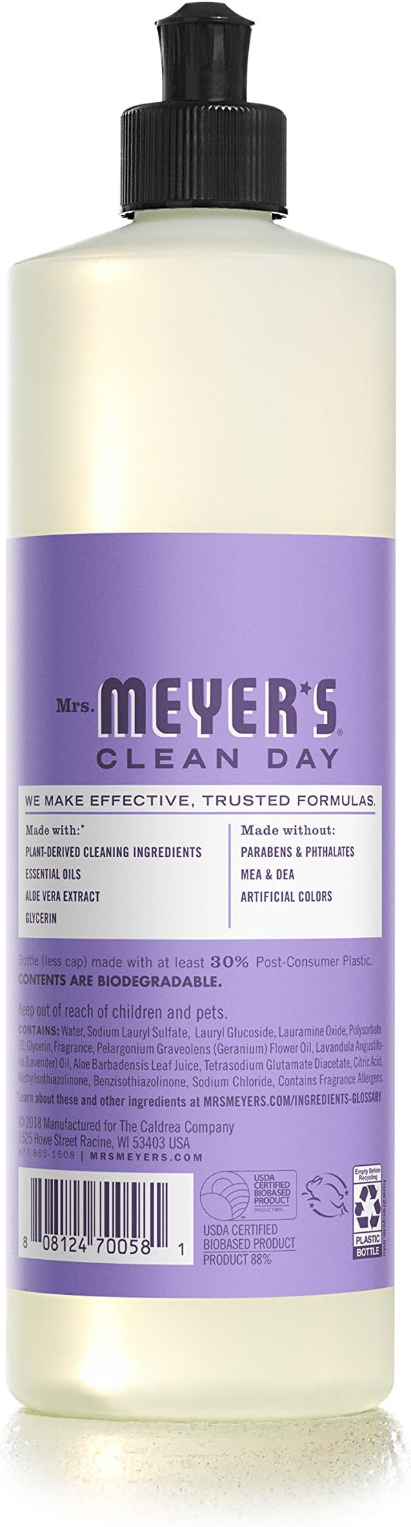 MRS. MEYER'S CLEAN DAY Liquid Dish Soap, Biodegradable Formula, Lilac, 16 fl. oz - Pack of 6