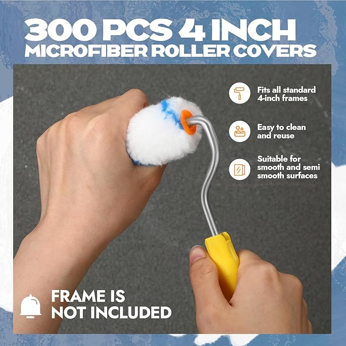 Leumoi 300 Pcs 4 Inch Mini Paint Roller Cover 1/2" Nap Small Microfiber Roller Covers Home Repair Tools House Household Supplies Kit(Blue, White)