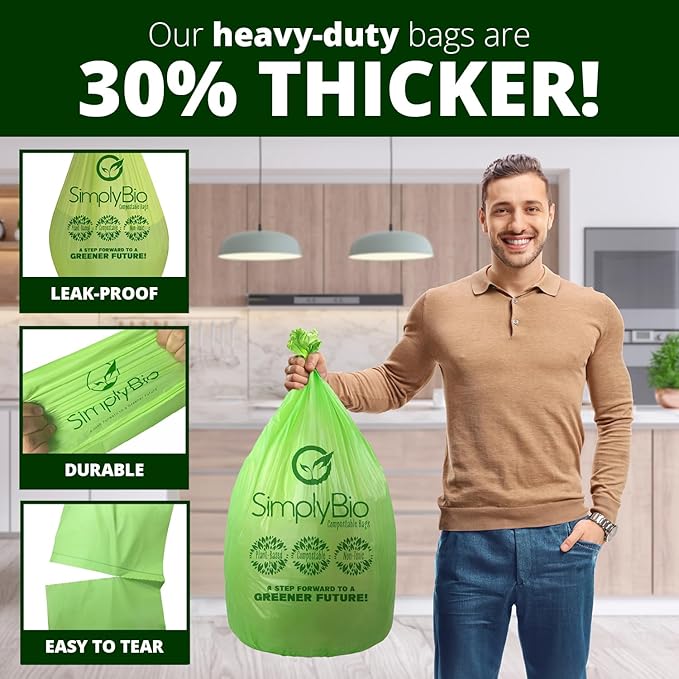 13 Gallon Compostable Trash Bags Liners with Flat-Top, Thick 0.87 Mil, 49.21 Liter, 50 Bags, Tall Kitchen Food Scrap Waste Bag, ASTM D6400, US BPI and OK Compost Home Certified