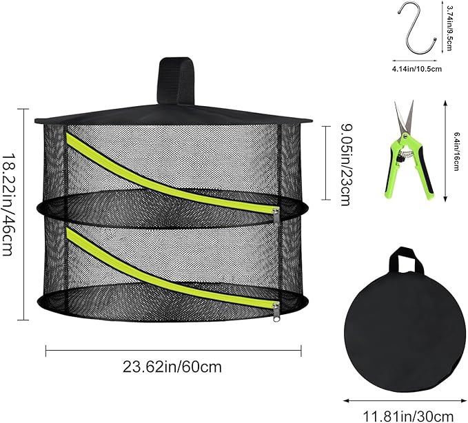 2 Layer Herb Drying Rack, Hanging Mesh Net, Foldable Plant Drying Rack with Diagonal Zipper, Garden Trimming Shears and Hooks, for Drying Herbs Plants, Fruits, Seafood, Clothing(2 Layers-23.62'')
