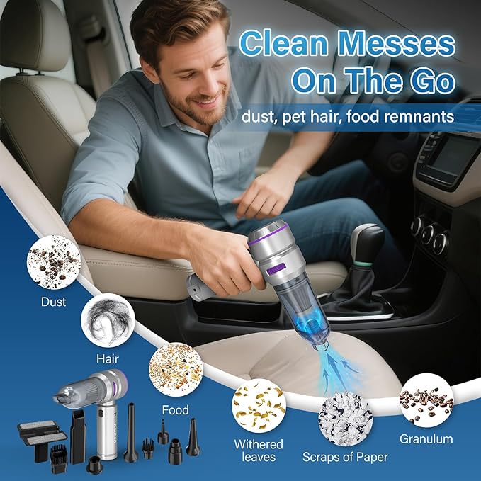 Car Vacuum Portable Cordless 20000pa High Power 4-in-1 Handheld Vacuum Cordless Rechargeable, Portable Vacuum with 3 Reusable Filter, Small Vacuums for Car Home Office & Pet(Silver Purple)