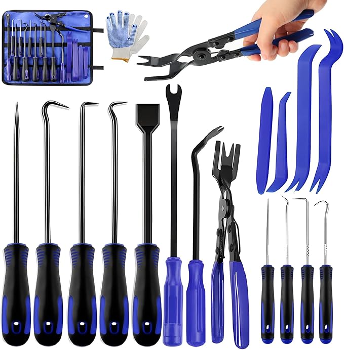 16-Piece Automotive Tool Kit with Storage Bag- Oil Seal Hook Set, Clip Remover, Gasket Scraper & Pry Tools, Includes Work Gloves for Car Repair & Mechanical Maintenance (Blue)