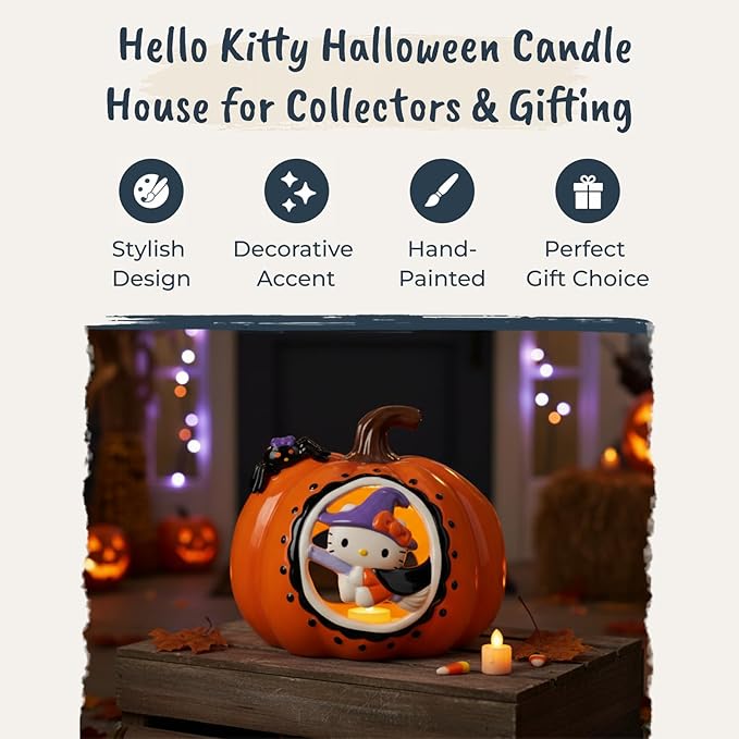 Blue Sky Clayworks Hello Kitty Pumpkin Cut Candle House, Ceramic, 7.125" L x 7" W x 6" H, Witchy Window Glow