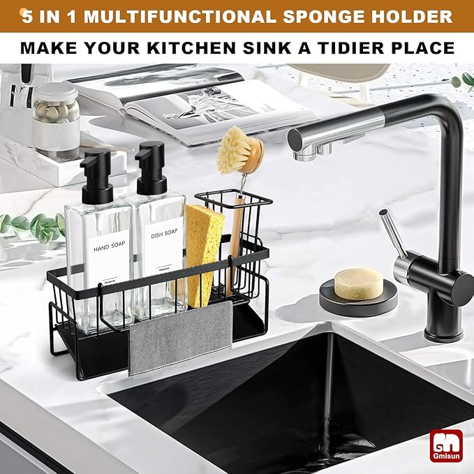 GMISUN Kitchen Soap Dispenser Set, 12 fl oz / 350 ml Dish Soap Dispensers with Sponge Holder, Customized Clear Glass Dish soap Dispenser for Kitchen, Modern Soap Dispensers Set Removable