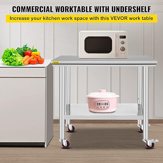 Vevor Mophorn Stainless Steel Work Table 36x24 Inch with 4 Wheels, Casters Heavy Duty Food Prep Worktable for Commercial Kitchen Restaurant, Silver