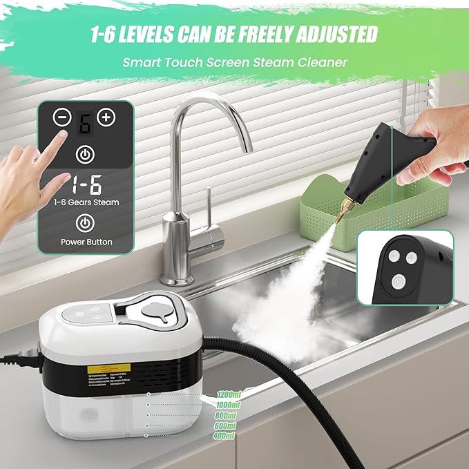 2500W Steam Cleaner for Home Use, 6-level Speed Adjustable Handle, 1.2L Handheld Car Steam Cleaner for Home Car Kitchen Furniture Floor, High Pressure Steam Machine with 4 Brush Heads White