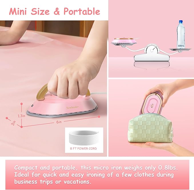 Newbealer Travel Iron with Global Voltage, 100-240V Mini Dry Iron for Clothes (No Steam), Max 300W, 60s Heat Up, 302℉ Non-Stick Ceramic Soleplate, 0.8lbs Ultra-Lightweight (Pink)