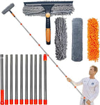 20 ft+ Reach Squeegee Window Cleaner Duster 2 in 1 Rotatable Window Cleaning Tool Kit with 3-14 ft Extension Pole, Window Washing Equipment for Indoor Outdoor Window Car Glass - 3 Pads