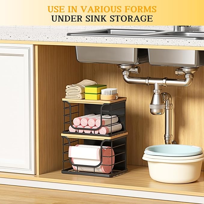 Ofiray-home Magnetic Shelf for Fridge Trash Bag Storage, 1 Pack Stackable Garbage Bag Holder with Bamboo Lid, Magnetic Storage Bin for Refrigerator, Under Sink, Kitchen Pantry Organization – Black