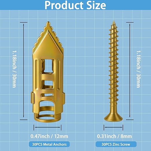 60 PCS Self Drilling Drywall Anchors Kit – 30 PCS Steel Anchor and 30 PCS zinc Screws for 3/8"–5/8" Walls, Easy No-Drill Install, High Strength for TVs, Shelves & Picture Frames