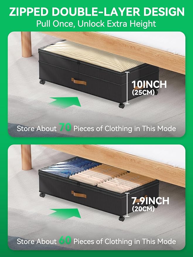 2Pack Under Bed Storage with Wheels, Scalable Under Bed Shoe Storage Containers, Clothes Organizer & Bedroom Furniture Organizers (Upgraded Style)
