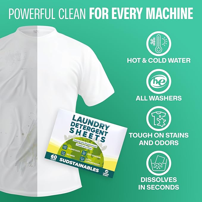 Sudstainables Laundry Detergent Sheets (60 Loads) – Eco-Friendly, Zero Waste, Plastic-Free Laundry Washing Machines Soap Sheets; Dissolvable, Space-Saving Strips for Travel (Lemon)