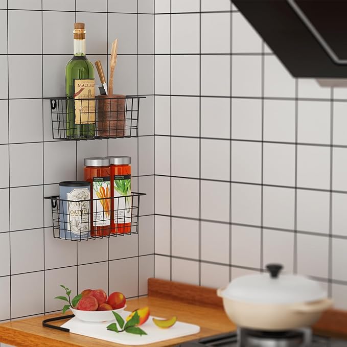 MaraFansie Hanging Wire Baskets Kitchen Storage Basket Adhesive and Screws Basket Over the Cabinet Door Organizer with Adhesive Strips and Screws Accessories, 2 Installations, 4 Pack, Black