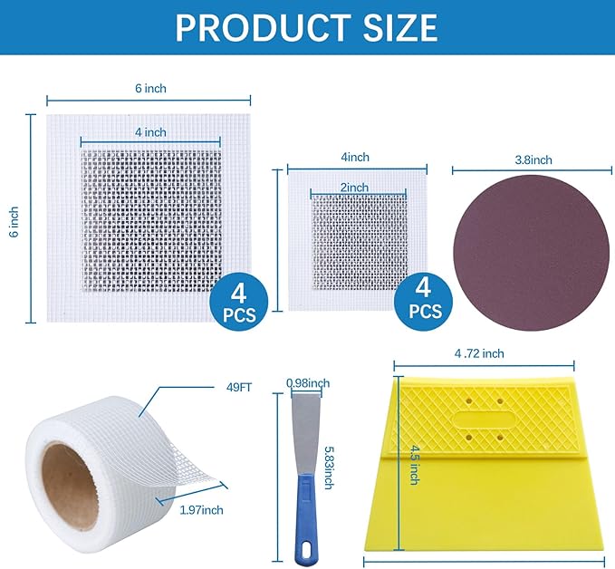 Drywall Repair Kit,Drywall Hole Patch Repair Kit to Fix Wall Surface Holes and Creak Damage with White Repair Putty 17OZ,8PCS Aluminum Repair Patchs,Scraper,Sanding Pad Fill Quick and Easy Solution