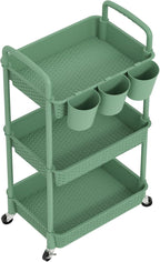 MOYIPIN 3-Tier Plastic Rolling Utility Cart with Handle,Utility Storage Cart for Office, Living Room, Kitchen,Movable Storage Organizer Shelves,Green with 6 Hanging Cups