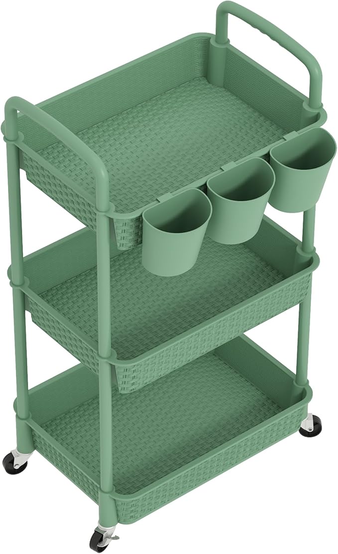 MOYIPIN 3-Tier Plastic Rolling Utility Cart with Handle,Utility Storage Cart for Office, Living Room, Kitchen,Movable Storage Organizer Shelves,Green with 6 Hanging Cups