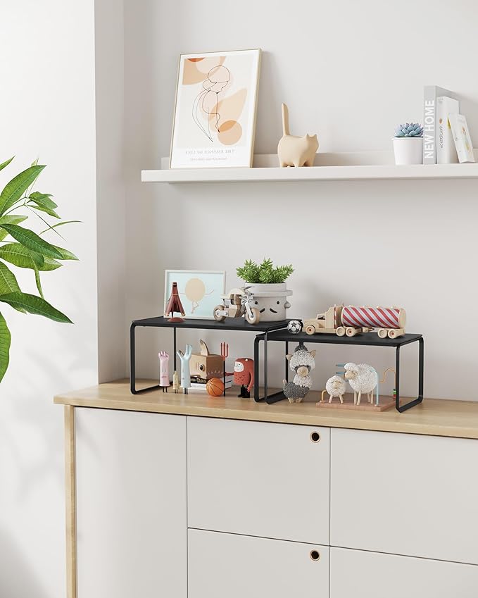 SONGMICS HOME Bamboo Cabinet Organizer Shelf, Nice-Looking Set of 2 Kitchen Counter Shelves, Kitchen Storage, Spice Rack, Stackable, Expandable, Ink Black UKCS050B01V1