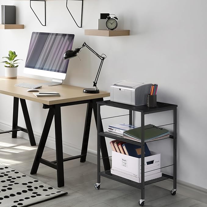 LIANTRAL Rolling Cart, 3-Tier Utility Microwave Bar Coffee Cart Kitchen Storage Shelf On Wheels, Black Large Side End Table Nightstand for Home Office