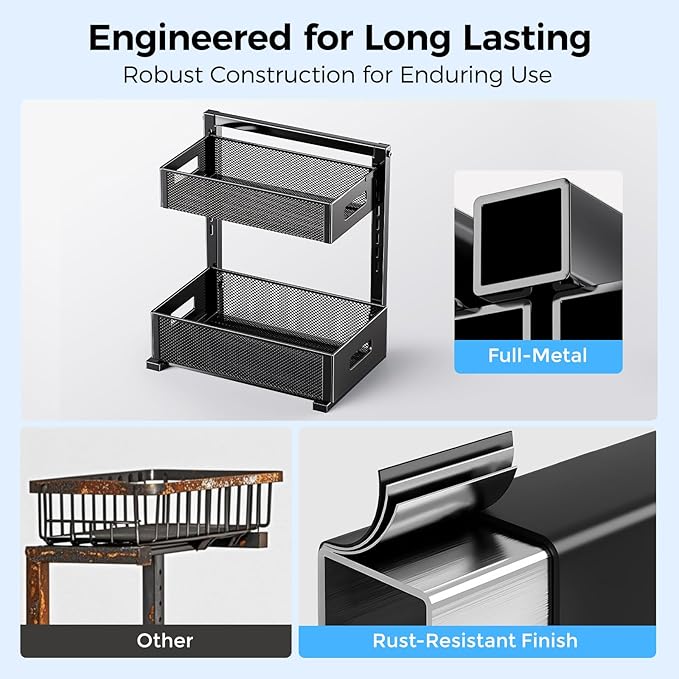 2 Pack Under Sink Organizer, Adjustable Height Under Sink Organizers and Storage, Smooth & Silent Sliding Out Metal Drawer for Kitchen Bathroom Pantry Cabinet Closet (Black)