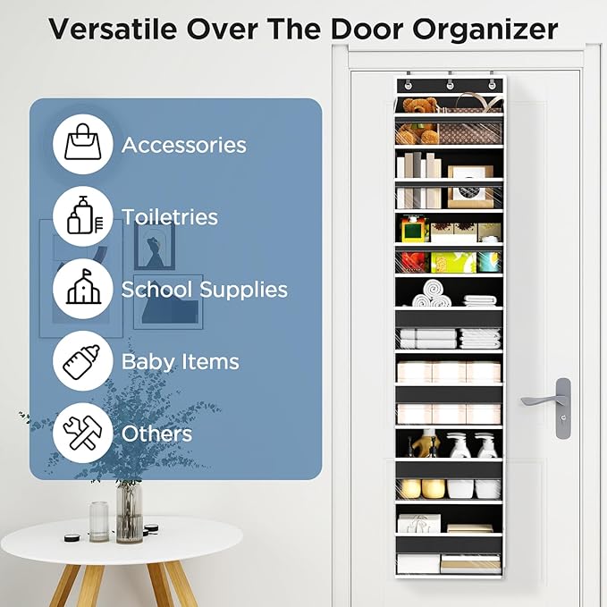 Over The Door Organizer, 7 Tier Door Hanging Organizers with 7 Large Pockets 12 Side Pockets, Behind Door Storage Hanging Shelves for Closet Bathroom Bedroom Nursery