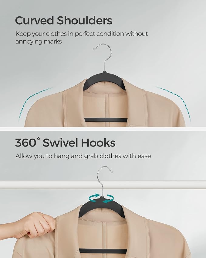 SONGMICS Velvet Hangers 30 Pack, Non-Slip Clothes Hangers with Shoulder Notches, Pants Bar, 360° Swivel Hook, Space-Saving, for Closet, Ink Black UCRF029B03