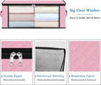 HomeHacks Storage 3-Pack Clothes Organizer Storage Bags Foldable Storage Box with Large Clear Window Sturdy Handles for Closet, Dorm, Pillows, Bedding, Clothes, Blankets, 35L, Pink