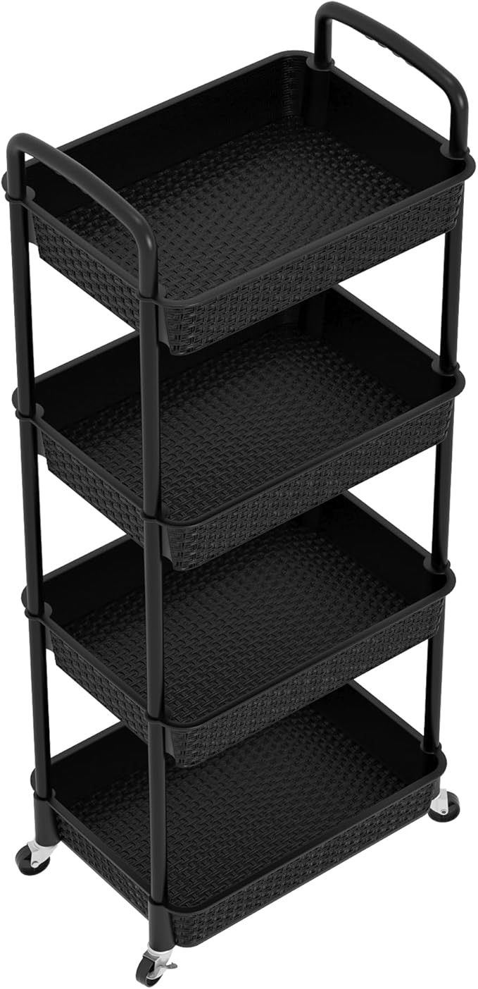MOYIPIN 4-Tier Plastic Rolling Utility Cart with Handle,Utility Storage Cart for Office, Living Room, Kitchen,Movable Storage Organizer Shelves,Black