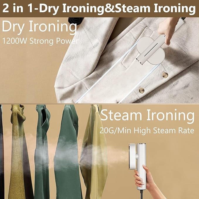 Portable Steamer For Clothes Travel Mini Steamer and Iron Fast 10s Heat-Up, Horizontal and Vertical 1200W Effortless Wrinkle Removal, Garment Steamer and Iron for Travel Office Home(110-120V)