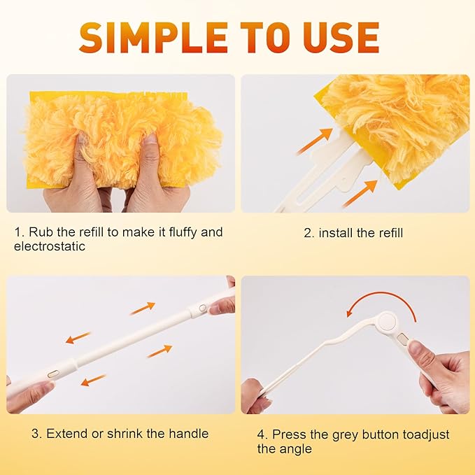 Heavy Duty Duster Refills, Disposable Dusters Kit for Cleaning Dusting Furniture Blind Ceiling Fan, Multi Surface 360 Feather Duster(60)+3FT Extended Handle +1 Handle
