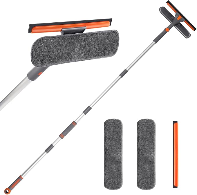 Squeegee for Window Cleaning 2-in-1 Cleaner Tool with Extension Pole and 2 Microfiber Pads, 360° Car Squeegee Kit Professional, 62 Inch for High Glass, Home,Outdoor