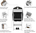 Mens Valet Stand with Top Tray Organizer, Shoe Shelf and Suit Rack, Wooden Clothes Valet Stand for Bedroom Entryway (White)