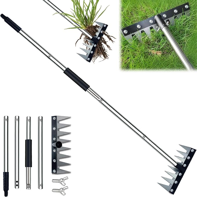 Garden Rake, 8 Tines Garden Weeding Rake with Sharp Blade with Steel Adjustable Handle (31'' to 63''), Garden Weed Puller Tool for Clearing Weed, Loosening Soil and Flower Beds