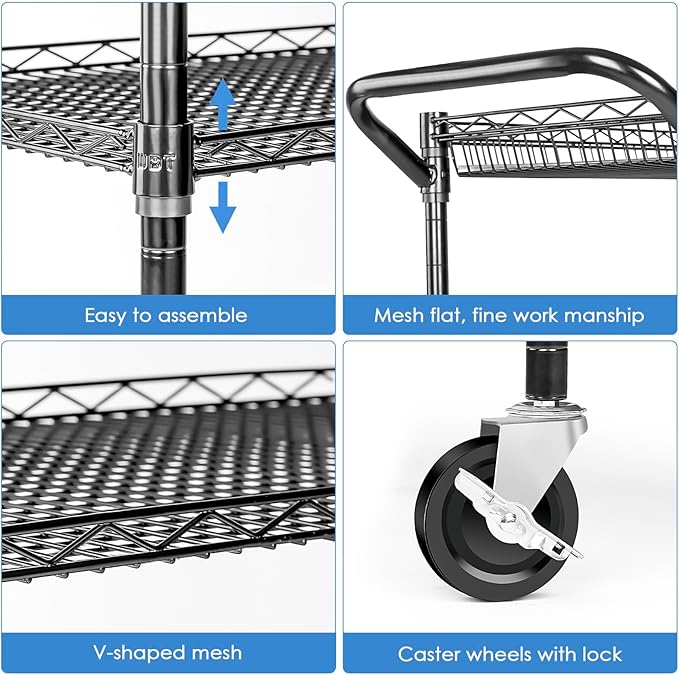 WDT Heavy Duty 3 Tier Utility Cart,Wire Rolling Cart with Wheels, Commercial Grade Service Cart with Shelving Liners and Handle Bar Metal Carts for Kitchen Office Hardware (990LBS Capacity Black)