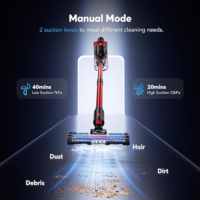 Cordless Vacuum Cleaner Rechargeable with 2600mAh Detachable Battery, Powerful Vacuums with 2 Adjustable Modes, Lightweight Portable Stick Vacuum for Home (Red Black)