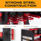 Power Tool Organizer - Wall Mount Storage for Garage Organizes 4 Cordless Drills & Tools - Heavy Duty Rack w Pegboard Sides Shelves & Hooks - Neatly Holds Screwdrivers & Drill Bits RED/BLACK