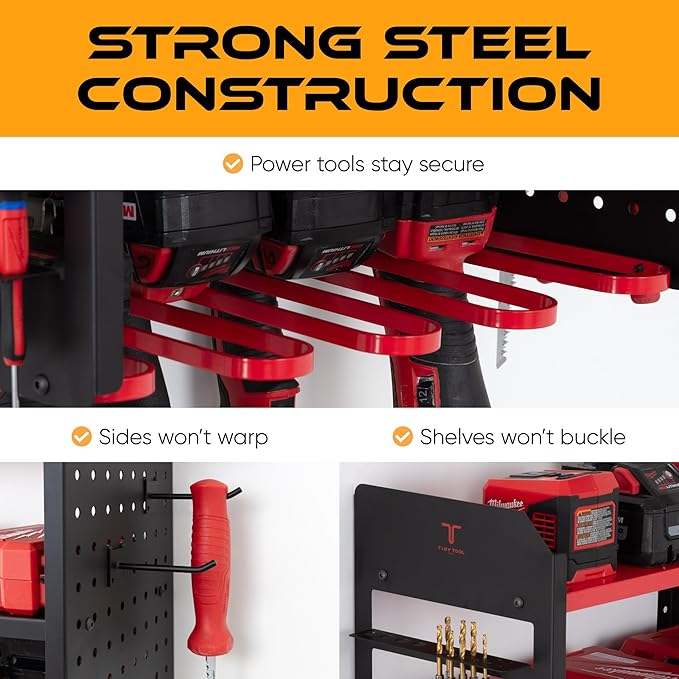 Power Tool Organizer - Wall Mount Storage for Garage Organizes 4 Cordless Drills & Tools - Heavy Duty Rack w Pegboard Sides Shelves & Hooks - Neatly Holds Screwdrivers & Drill Bits RED/BLACK
