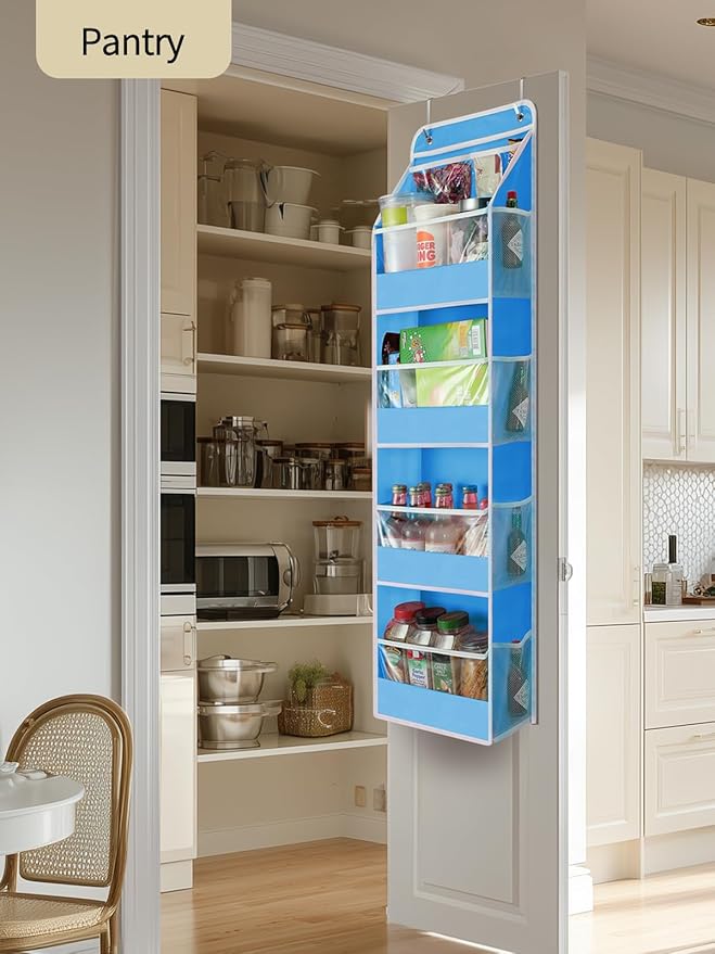 Yecaye 5 Tier Over the Door Organizer, Swing-proof Door Organizer Hanging with Clear PVC Windows, Behind the Door Storage for Bedroom Nursery Closet Laundry Pantry Bathroom, Soft Sky Blue