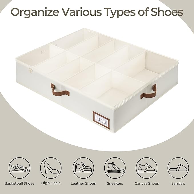 StorageWorks Under Bed Shoe Storage for Closet, 2-Pack Ultra-thick Fabric Shoe Organizer, Collapsible Shoes Containers with Bottom Support, Fits up to 24 Pairs, Beige