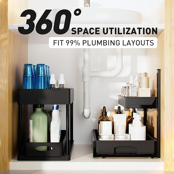 Metal Under Sink Organizers and Storage, 2 Pack Under Bathroom Sink Organizer, 2 Tier Pull out Cabinet Organizer, Adjustable Under Sink Organizer, Under Sink Storage for Bathroom, Black