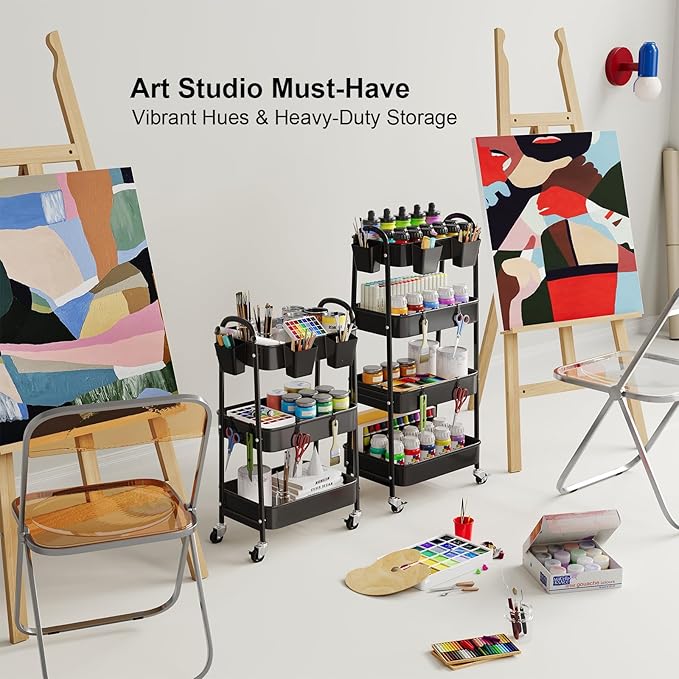 4 Tier Black Metal Rolling Cart with Lockable Wheels and Cups, Four Tiered Utility Storage Organizer on Wheels for Bathroom, Kitchen, Laundry, Garage, Office, Craft, Art, Baby Diaper, Snacks, Books