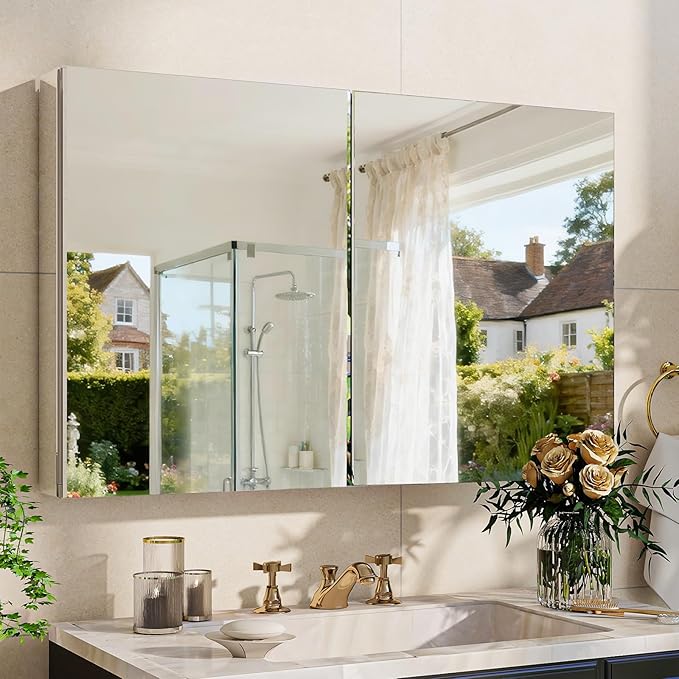 BEAUTYPEAK Bathroom Medicine Cabinet Mirror with Storage, 40 Inch x 26 Inch Silver Medicine Cabinet with Double Door & Adjustable Shelves for Vanity, Tempered, Aluminum Surface, Wall-mount or Recessed