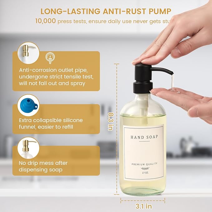 Glass Soap Dispenser for Kitchen Sink,Farmhouse Kitchen Dish Soap Dispenser&Hand Soap Dispenser Set,Rustproof Pump Soap Dispenser Bathroom with Tray,Waterproof Label for Kitchen Decor(Clear