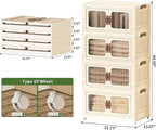 Stackable Storage Bins, Folding Storage Bins with Lids and Doors, Open Front Folding Storage Box with Wheels Plastic Storage Containers (4 Tier (Side Windows Not Visible), 55 Qt)