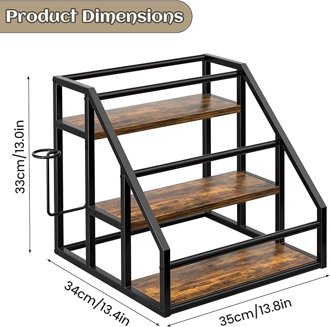Coffee Syrup Rack Organizer, Spice Racks, Syrup Bottle Holder Stand for Coffee Bar, 3-Tier 12 Bottles Storage Shelves for Syrup, Wine, Dressing for Kitchen Countertop, Rustic Brown & Black