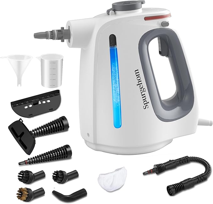 Spurgehom Handheld Multi-Surface Steam Cleaner with 11-Pc Accessories & Safety Lock – Dirty-Free, 550ML Large Capacity Steamer for Floors, Upholstery, Cars, and Home Use