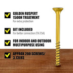 #10 x 3 1/2’’ Wood Screws by Grindy (200pack/3.13LBS) – Self-Drilling Deck Screws I Rust Resistant I Quick Drive & Fast Grip I for Cabinet, Furniture & Other Projects I T25 Star Drive I Bit Included