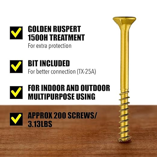 #10 x 3 1/2’’ Wood Screws by Grindy (200pack/3.13LBS) – Self-Drilling Deck Screws I Rust Resistant I Quick Drive & Fast Grip I for Cabinet, Furniture & Other Projects I T25 Star Drive I Bit Included